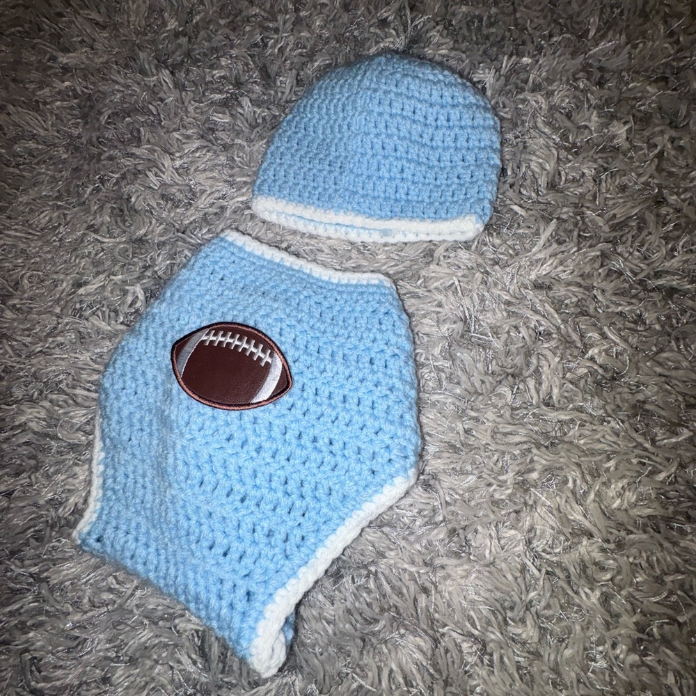 Handmade Light Blue Baby Football Hat & Diaper Cover Set - Brand:
